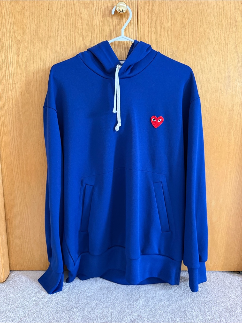 Comme des Garcons Blue Crewneck Hoodie with Red Heart Patch